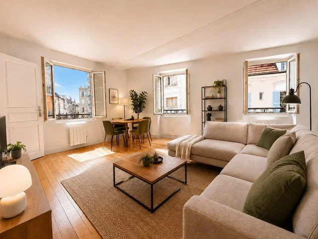 Salon; parquet, lumière naturelle, style moderne, vue