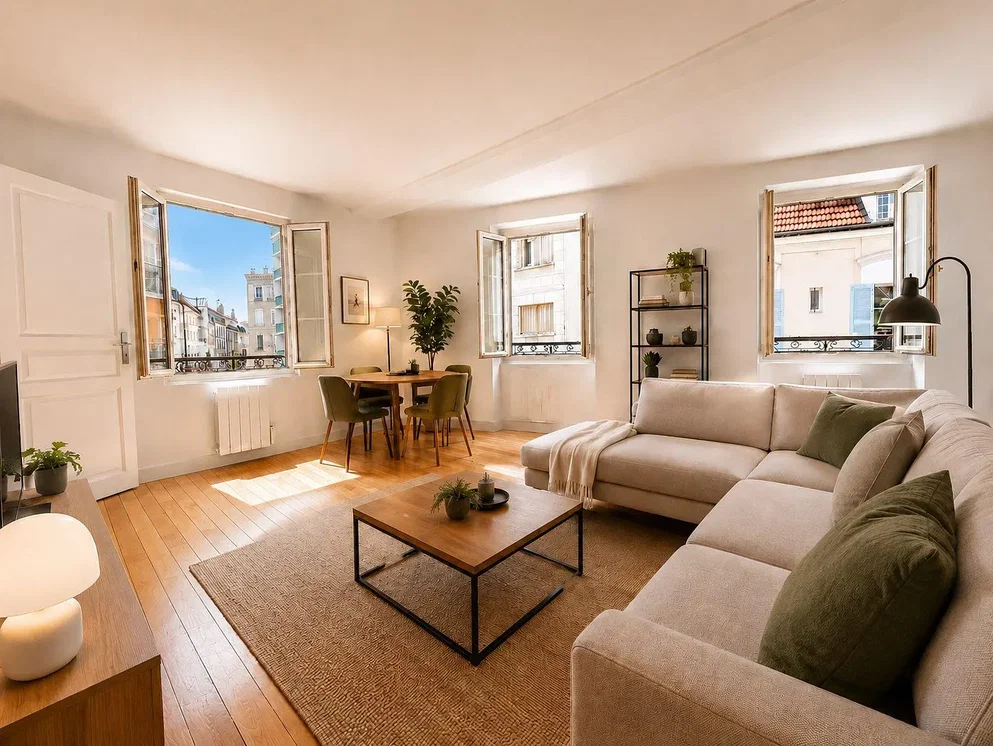 Salon; parquet, lumière naturelle, style moderne, vue