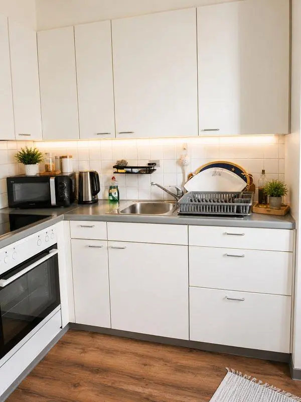 Cucina; elettrodomestici, pavimento in legno, luce naturale