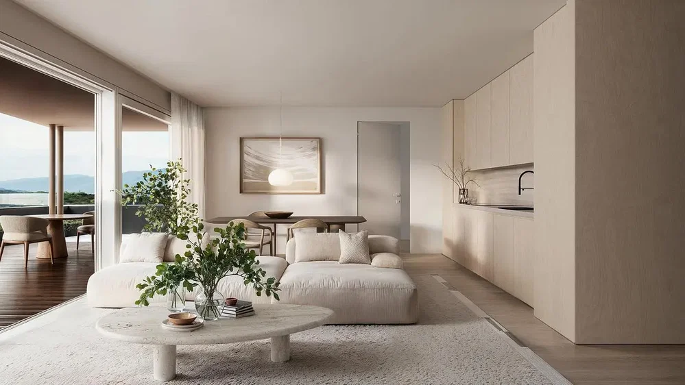 Living room; view, natural light, modern style, wood floor