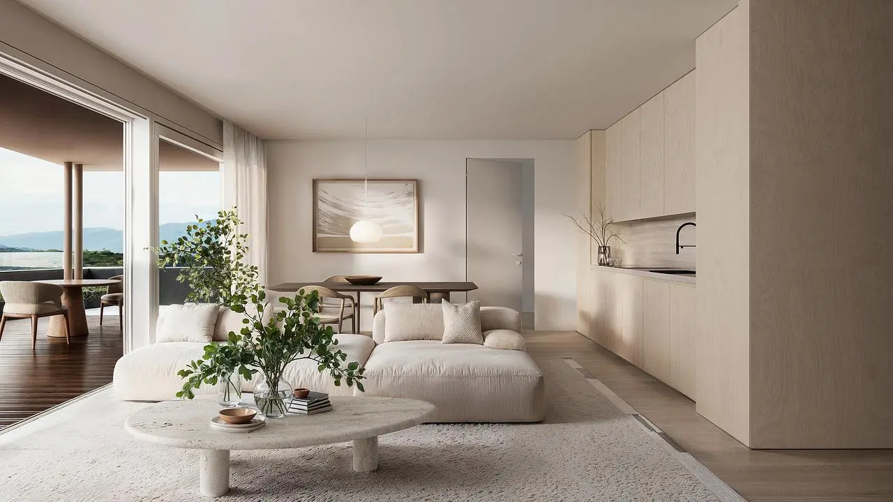 Living room; view, natural light, modern style, wood floor