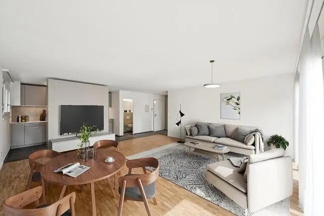 Woonkamer; natuurlijk licht, moderne stijl, houten vloer