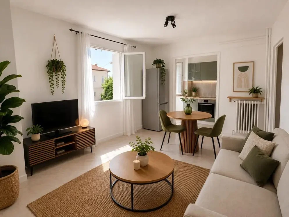 Wohnzimmer; tageslicht, moderner stil, holzboden