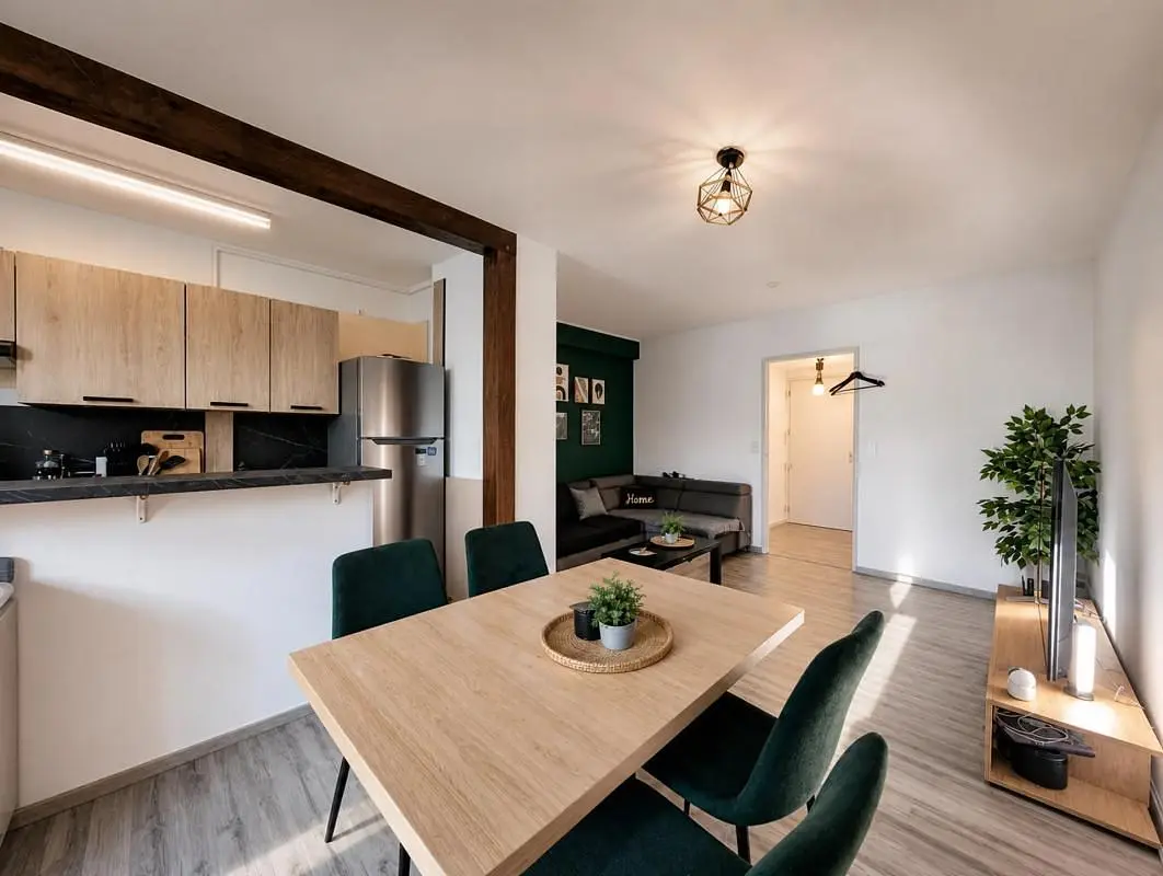 Kuhinja; kuhinjski aparati, drveni pod, prirodno svjetlo, moderni stil