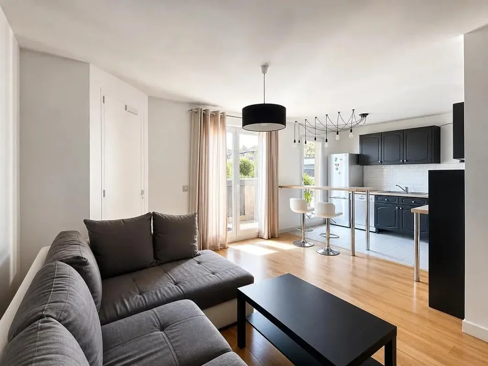 Wohnzimmer; tageslicht, holzboden, moderner stil