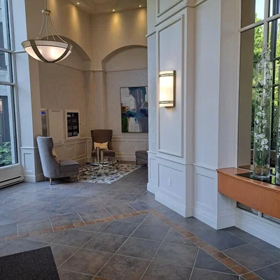 Living room; tile floor, high ceiling, natural light