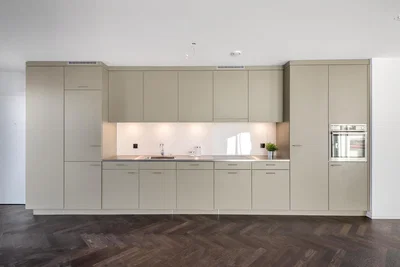 Kuhinja; kućanski aparati, drveni pod, prirodna svjetlost, renoviran, moderan stil