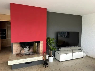 Living room; fireplace, tile floor