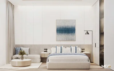 Camera da letto; stile moderno, pavimento in legno, luce naturale