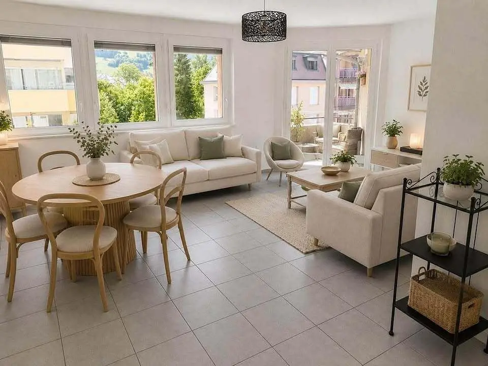 Soggiorno; vista, pavimento in piastrelle, luce naturale, stile moderno