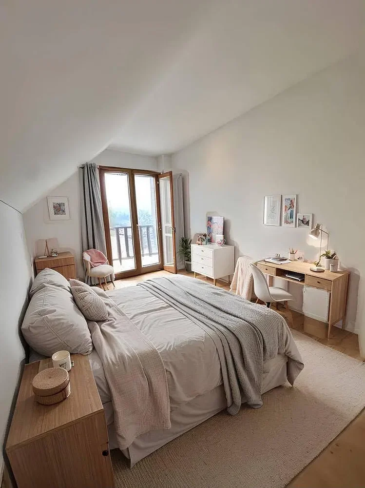 Dormitorio; luz natural, suelo de madera, estilo moderno
