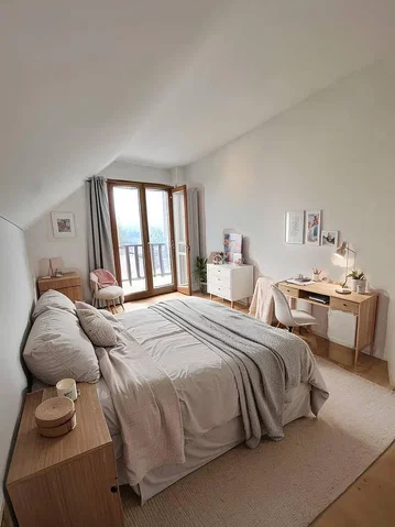 Dormitorio; luz natural, suelo de madera, estilo moderno