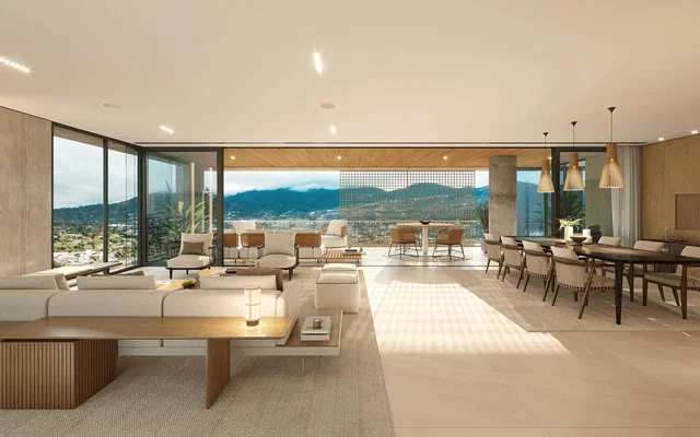 Wohnzimmer; blick, tageslicht, moderner stil, holzboden
