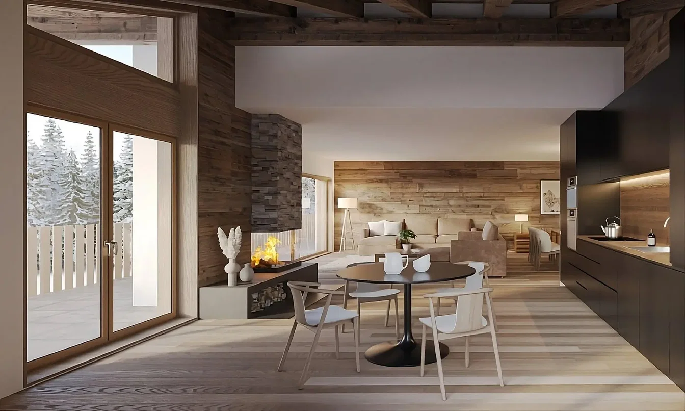 Wohnzimmer; blick, kamin, holzbalken, holzboden, tageslicht, rustikaler stil