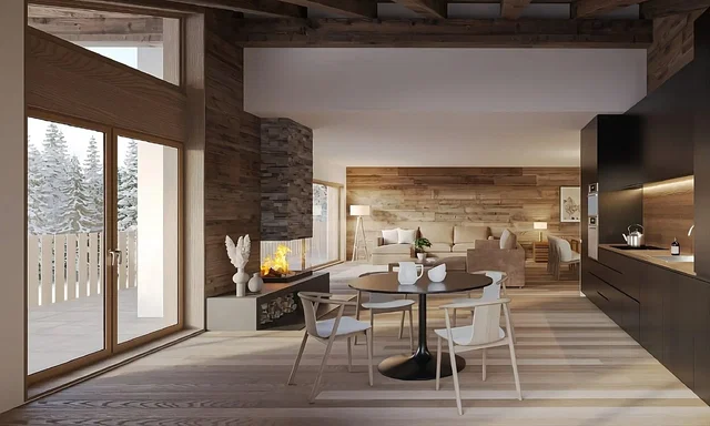Wohnzimmer; blick, kamin, holzbalken, holzboden, tageslicht, rustikaler stil