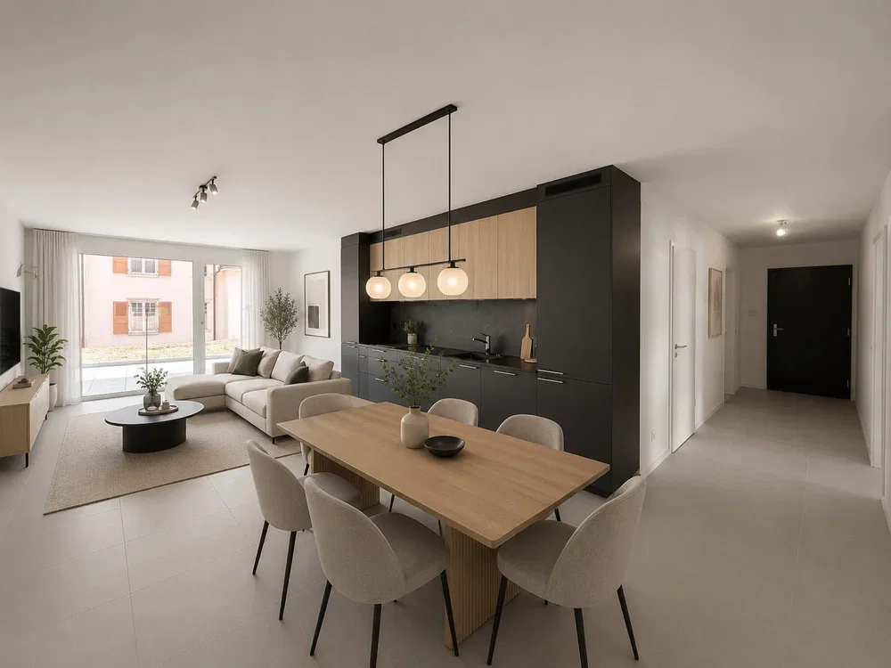 Wohnzimmer; blick, holzboden, tageslicht, moderner stil, renoviert