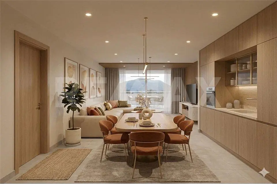 Wohnzimmer; moderner stil, holzboden, tageslicht, küchengeräte