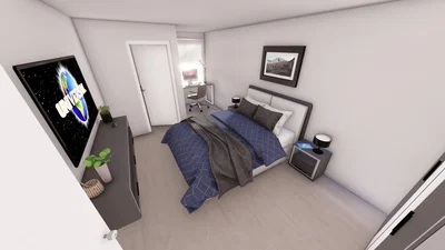 Quarto; chão de azulejo, luz natural, estilo moderno