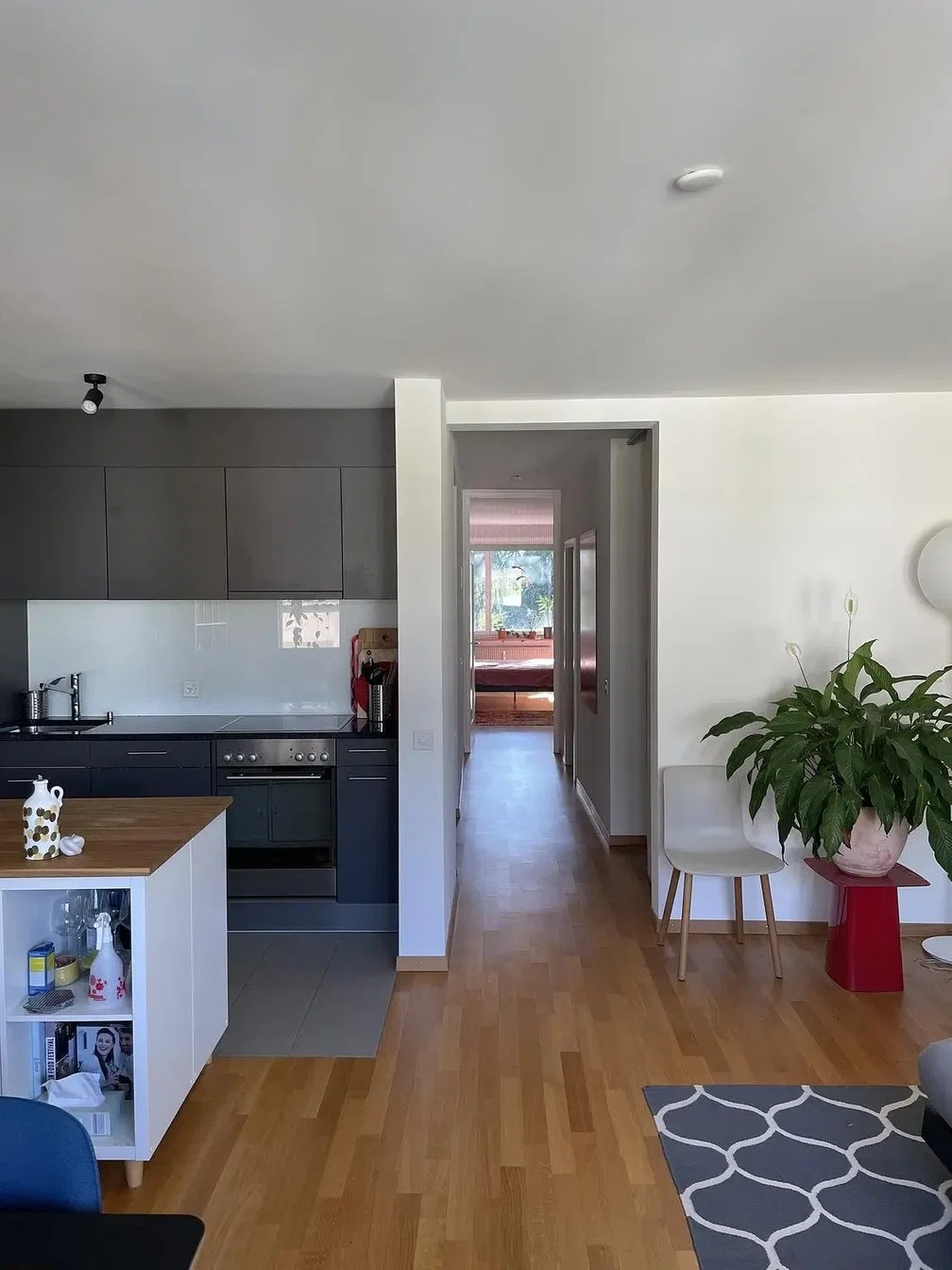 Keuken; keukenapparatuur, houten vloer, natuurlijk licht