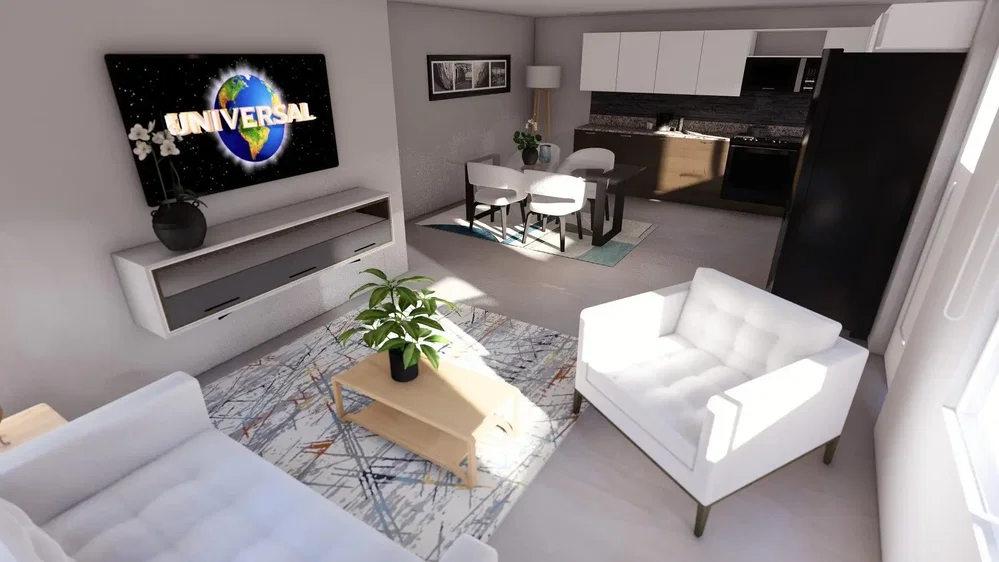 Wohnzimmer; tageslicht, moderner stil, küchengeräte