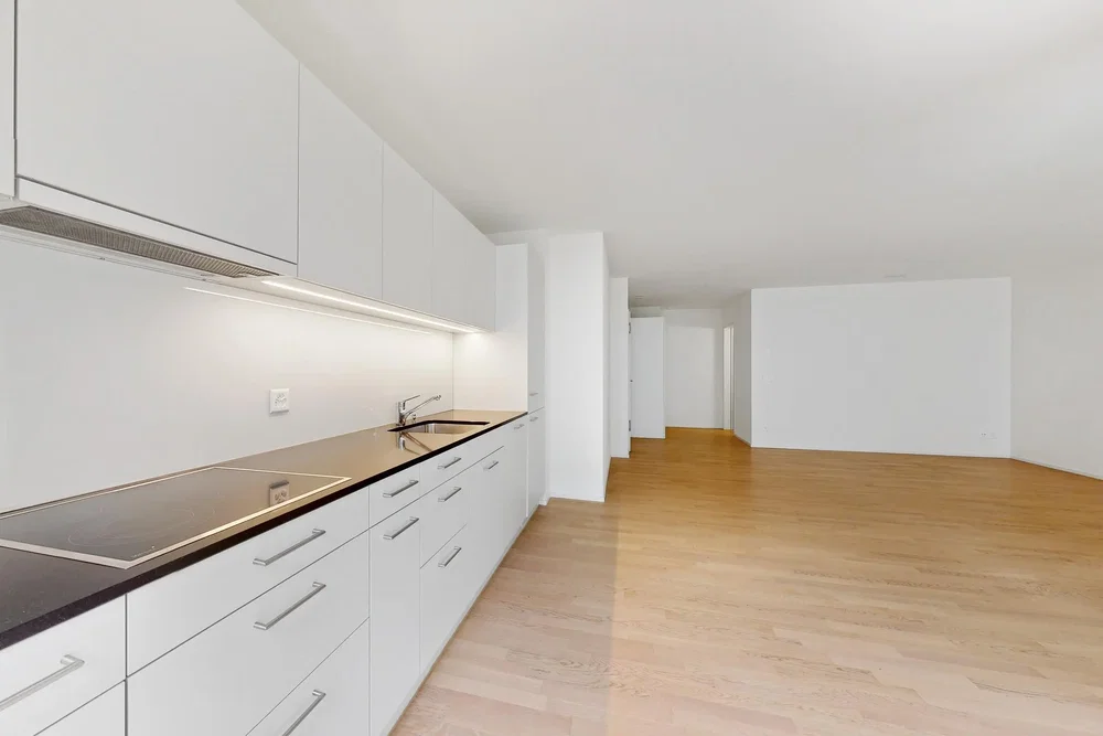 Keuken; keukenapparatuur, houten vloer, natuurlijk licht, moderne stijl, gerenoveerd
