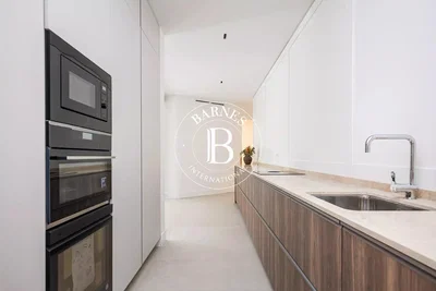Kitchen; kitchen appliances, wood floor, natural light, modern style