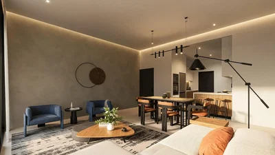 Obývací pokoj; přirozené světlo, moderní styl, dřevěná podlaha