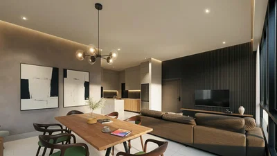 Obývací pokoj; moderní styl, dřevěná podlaha, přirozené světlo, vysoké stropy