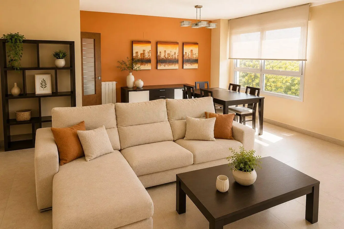 Woonkamer; uitzicht, tegelvloer, natuurlijk licht, moderne stijl