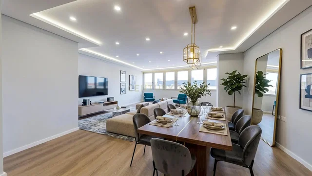 Soggiorno; pavimento in legno, luce naturale, stile moderno