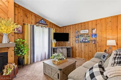 Salon; poutres en bois, style rustique, lumière naturelle, cheminée