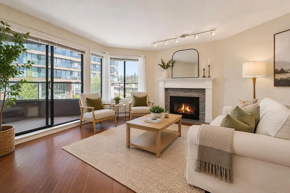 Salón; suelo de madera, chimenea, luz natural, estilo moderno
