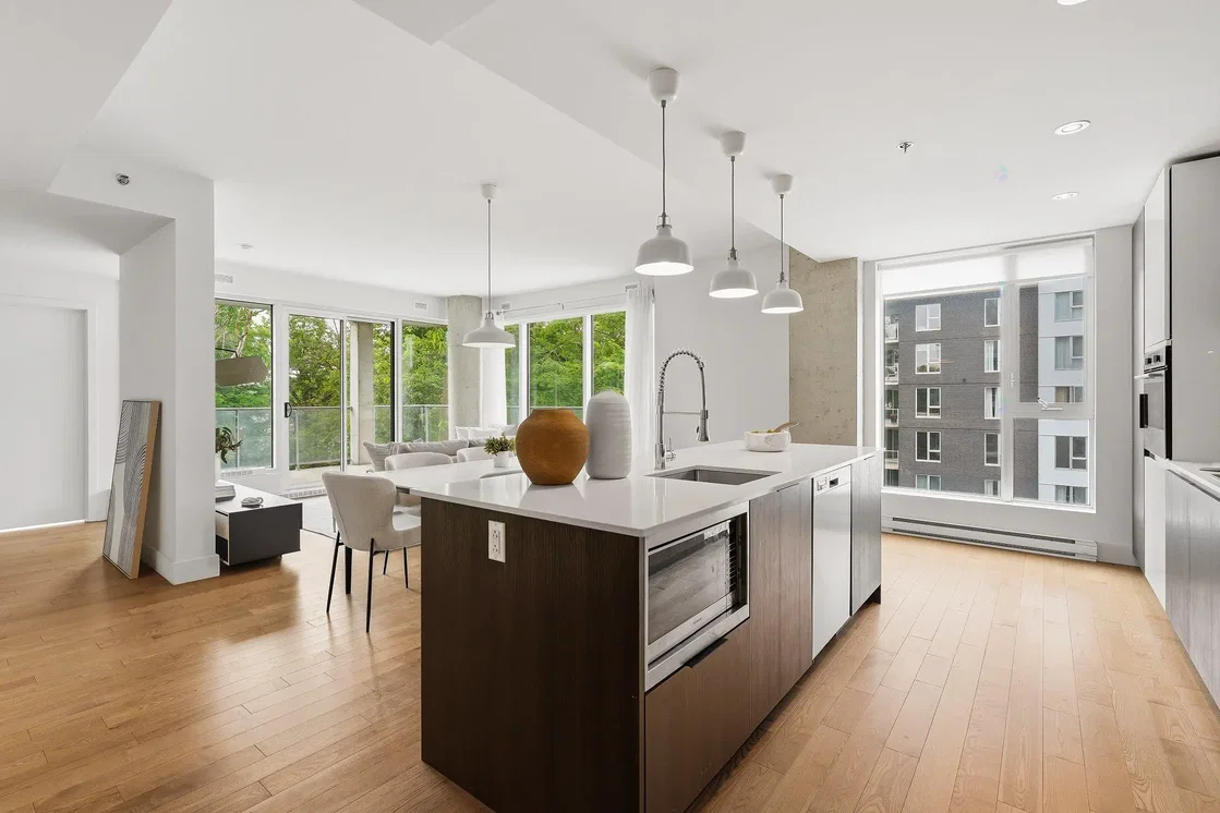 Kitchen; kitchen appliances, wood floor, natural light, modern style