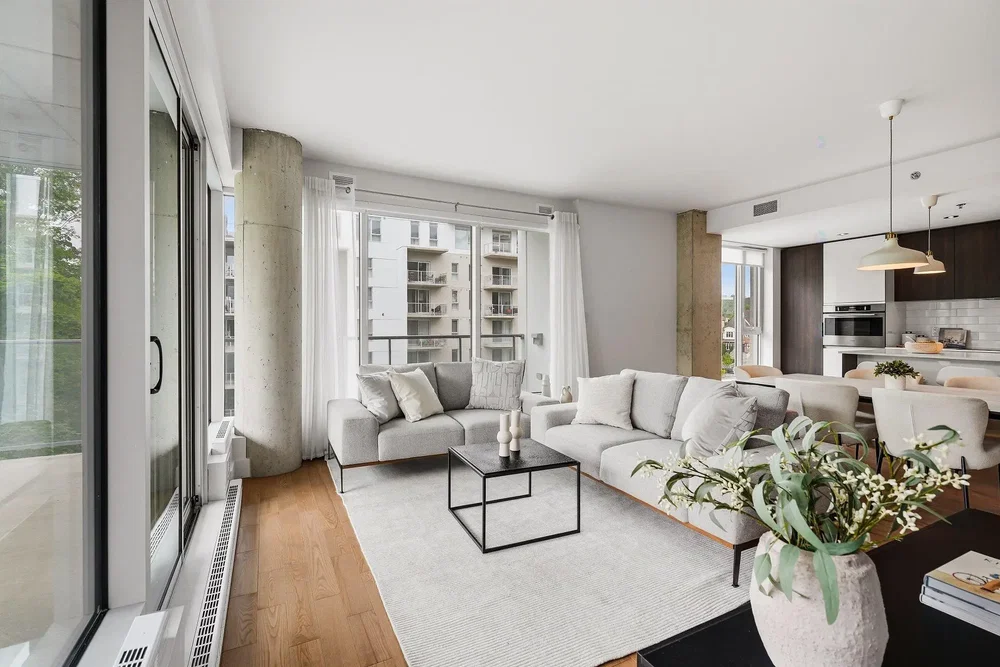 Living room; view, wood floor, natural light, modern style