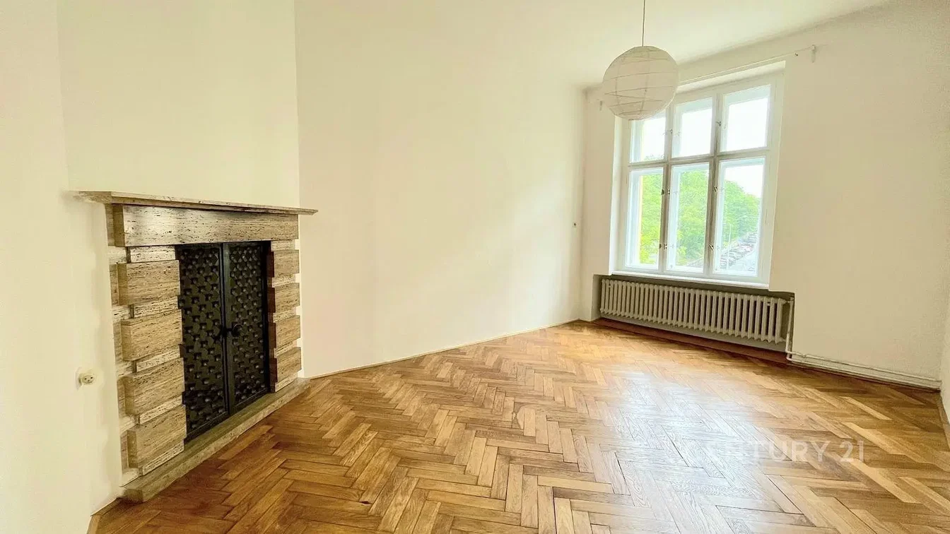 Salon; podłoga drewniana, kominek, światło dzienne