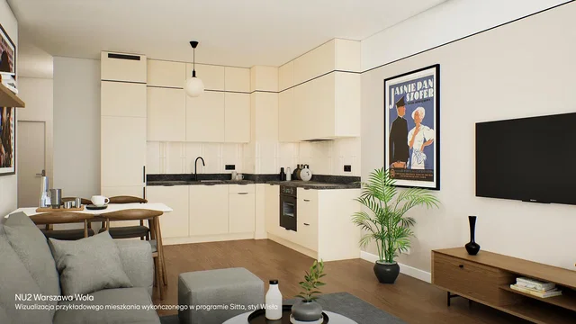 Living room; kitchen appliances, wood floor, natural light, modern style