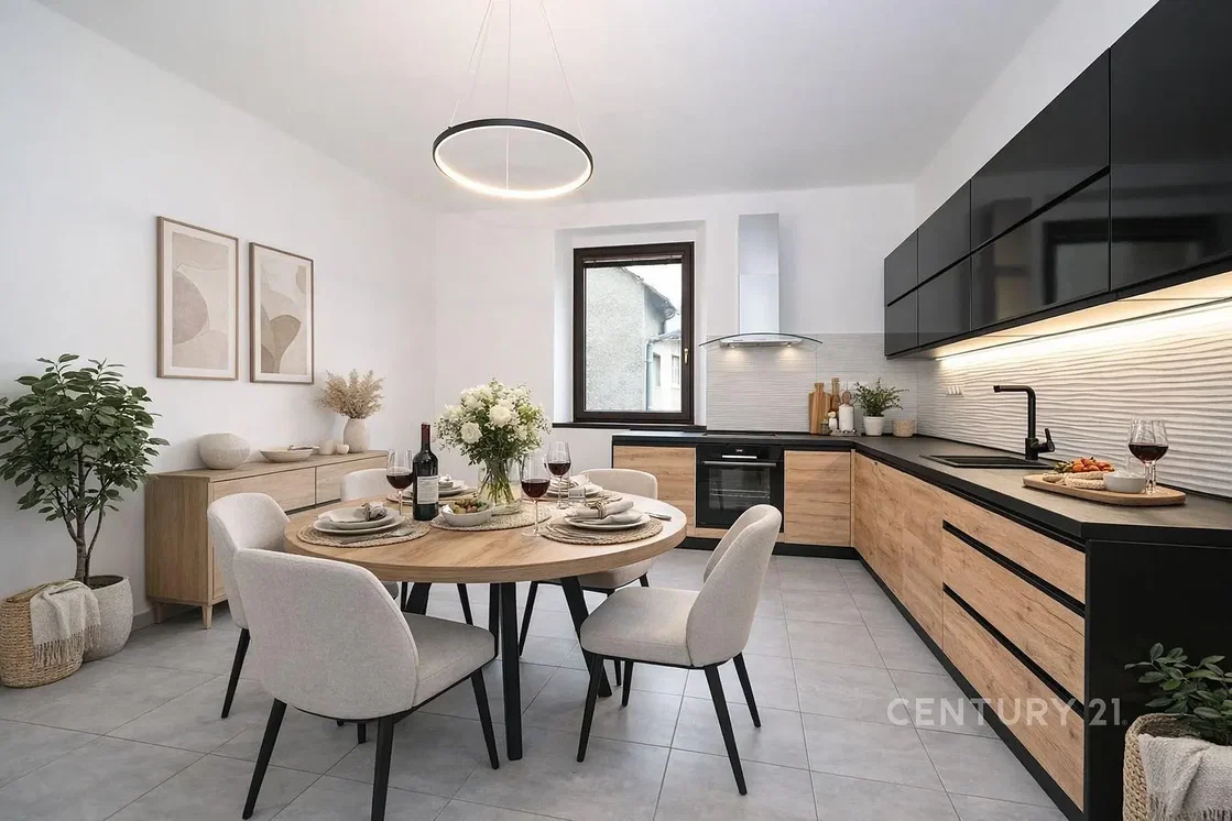 Kitchen; kitchen appliances, tile floor, natural light, modern style, renovated