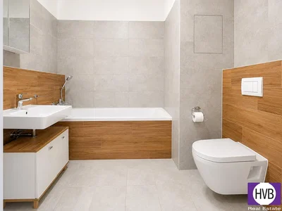 Bathroom; tile floor, wood beams, renovated, natural light