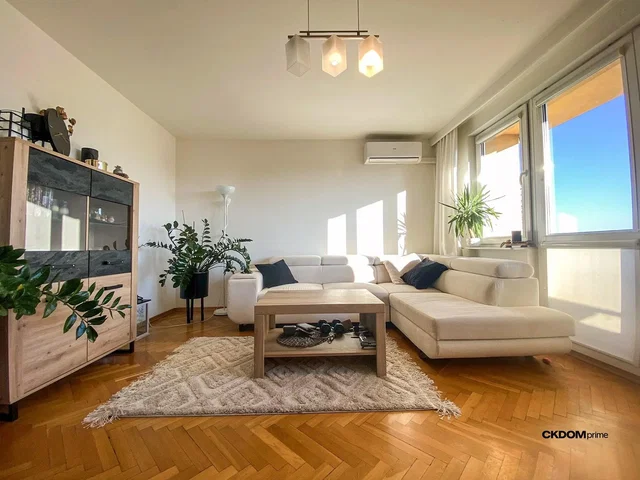 Obývací pokoj; dřevěná podlaha, přirozené světlo, moderní styl