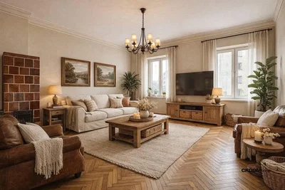 Dnevni boravak; drveni pod, prirodna svjetlost, moderan stil