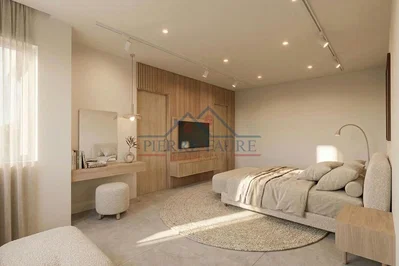 Camera da letto; stile moderno, luce naturale, pavimento in legno