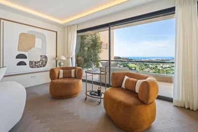 Living room; view, wood floor, natural light, modern style