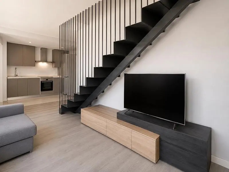 Living room; kitchen appliances, natural light, modern style, tile floor