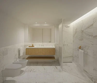 Banyo; fayans zemin, doğal ışık