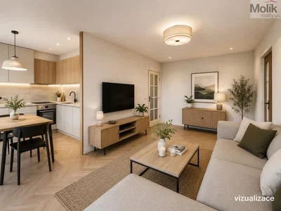 Woonkamer; keukenapparatuur, houten vloer, natuurlijk licht, moderne stijl