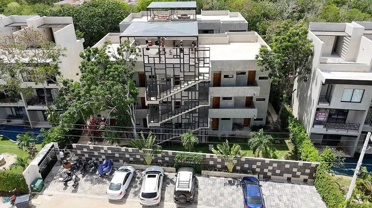 House and surroundings; view