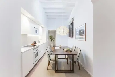 Keuken; keukenapparatuur, natuurlijk licht, moderne stijl, houten vloer