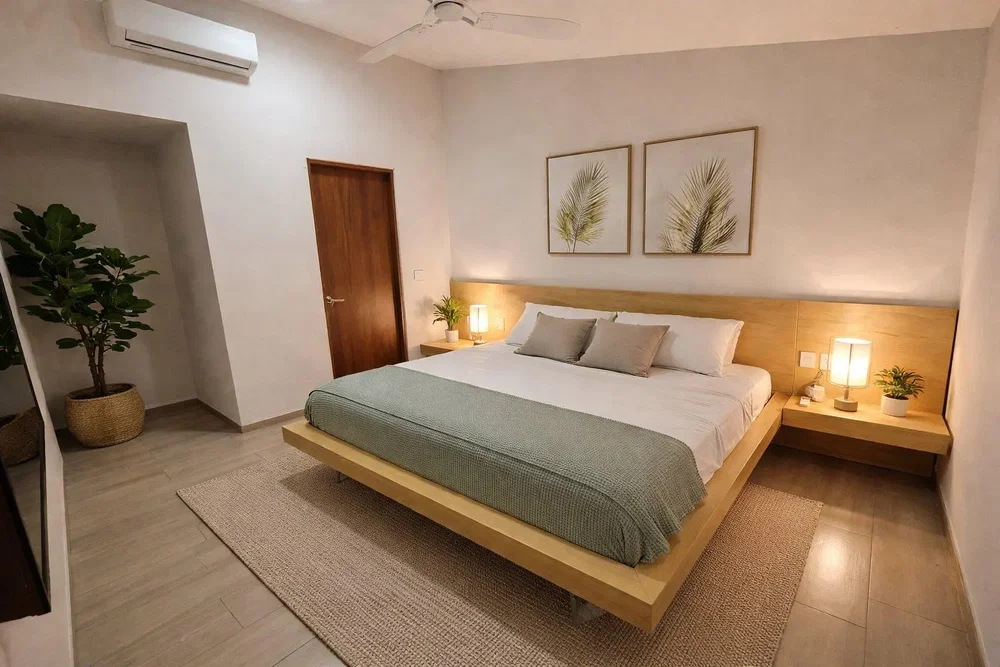 Chambre; carrelage, lumière naturelle, style moderne