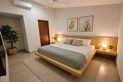 Chambre; carrelage, lumière naturelle, style moderne
