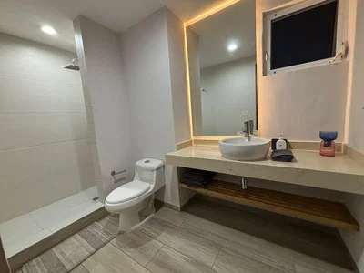 Salle de bain; carrelage, rénové, lumière naturelle